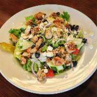 Grilled Chicken Salad · Grilled chicken, feta cheese,lettuce, tomato, cucumber, black olives, and onion.
