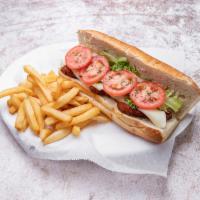 Chicken Milanese Sub · Breaded chicken cutlet with lettuce, tomato and mayo.