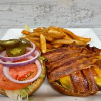 Atlantic Burger · Topped with cheddar cheese, bacon, jalapenos and signature house made chipotle mayonnaise. S...