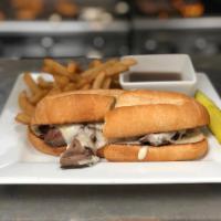 French Dipper  · Hand sliced Choice roast beef with melted provolone cheese on a toasted sub roll and a side ...