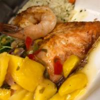 Salmon and Shrimp Mango · Fresh Atlantic salmon and gulf shrimp topped with signature house made mango salsa, served w...