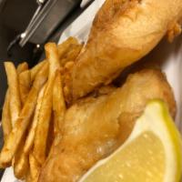 Fish N Chips · Fresh beer battered cod filets served with crispy house fries and house made tartar sauce.