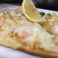 Seafood Flatbread · Lump crab meat, scallop and shrimp topped with seafood sauce, melted provolone cheese and Ol...
