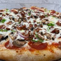 AG Supreme Pizza · Pepperoni, sausage, ham, bacon, mushrooms, onions and green peppers.