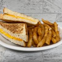 Kid's Grilled Cheese · Served with a fountain soda, house fries and kid's dessert.