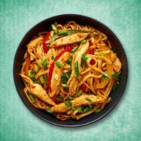 Wok Tossed Chicken Noodles · Thin noodles are tossed with fried chunks of chicken,  veggies and sauces on high flame to m...