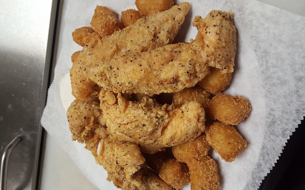 Chicken Tenders · Hand breaded crispy chicken with fries, tots or mac & cheese.