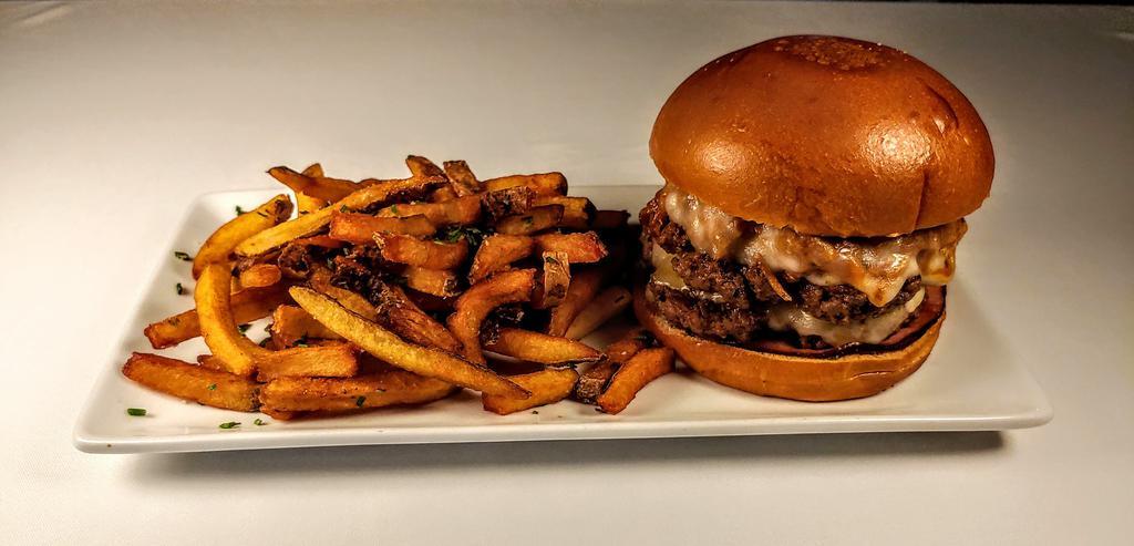 Smokehouse Double Burger · Two Beef Patties / BBQ Pulled Pork / Black Forest Ham / Swiss / Provolone / BBQ Sauce

Served with House-Cut Fries