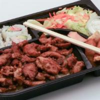 Chicken Bento Box · Teriyaki Chicken,4pcs California Rolls,3pcs Dumpling & Salad.