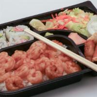Shrimp Bento Box · Teriyaki Shrimp, 4pcs California Rolls,3pcs Dumpling & Salad.