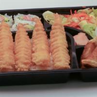Shrimp Tempura Bento Box · 5pcs Shrimp Tempura, 4pcs California Rolls,3pcs Dumpling & Salad.