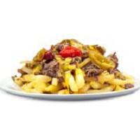 Philly Fries · crispy fries topped with philly steak grilled onions, and cheddar cheese, topped with spicy cherry peppers.
