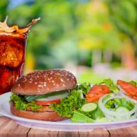 Veggie Burger Combo · It contains: Organic veggie Patty on Wheat bans, Mayonnaise dressing, slice of onions, Leaf ...
