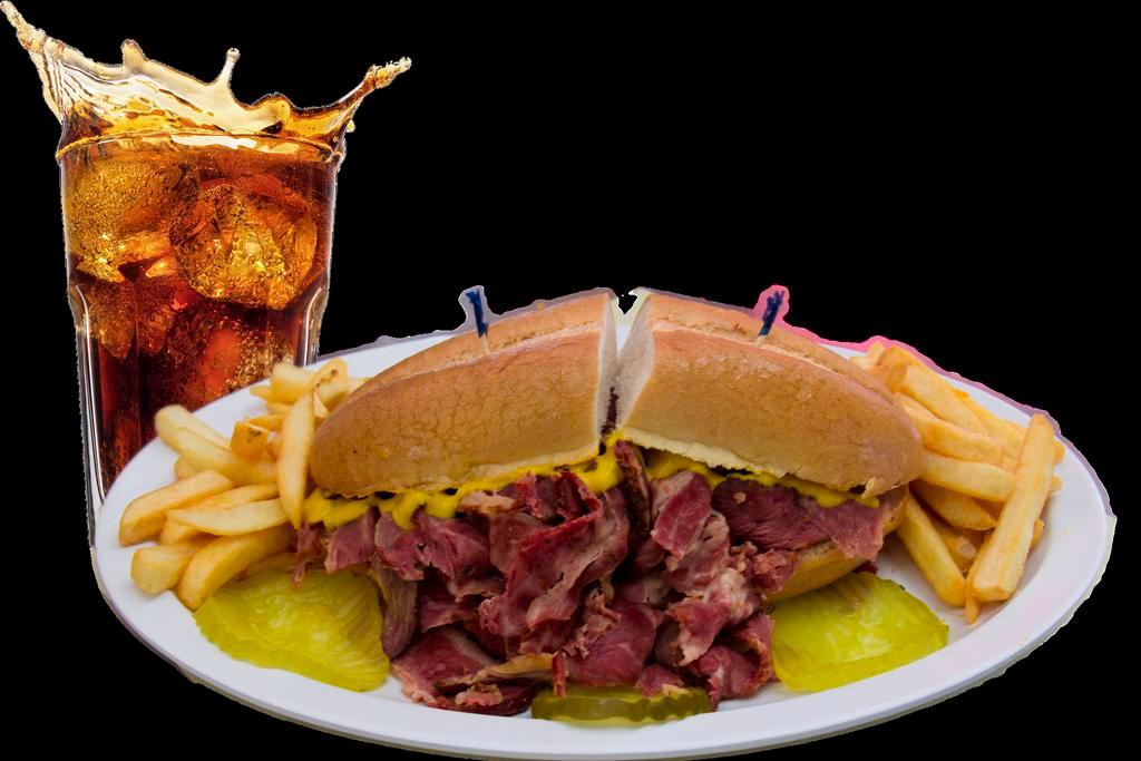Pastrami Sandwich Combo · Served on French Roll bread with Pickles and Mustard.
Includes small fries and choice of 22oz drink.