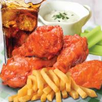 6 Buffalo Wings Combo · 6 Buffalo wings, served with celery sticks and ranch on the side.
 Includes small fries and ...