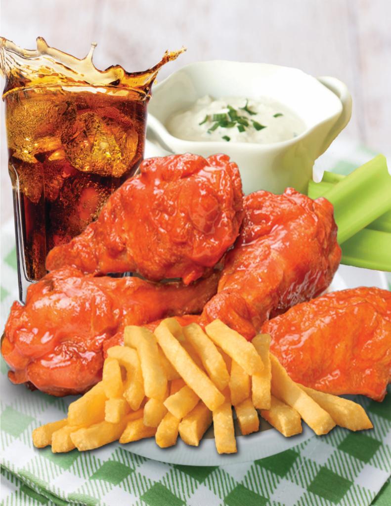 6 Buffalo Wings Combo · 6 Buffalo wings, served with celery sticks and ranch on the side.
 Includes small fries and choice of 22oz drink.