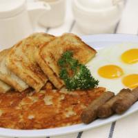 Hash Brown, Meat and 3 Eggs Platter · 3 pieces of your choice of meat and 3 eggs, 2 Toast Served with Jelly.