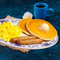 2 Pancakes, Breakfast Meat and 2 Eggs Kid's Breakfast · 2 pieces of your choice of meat.
