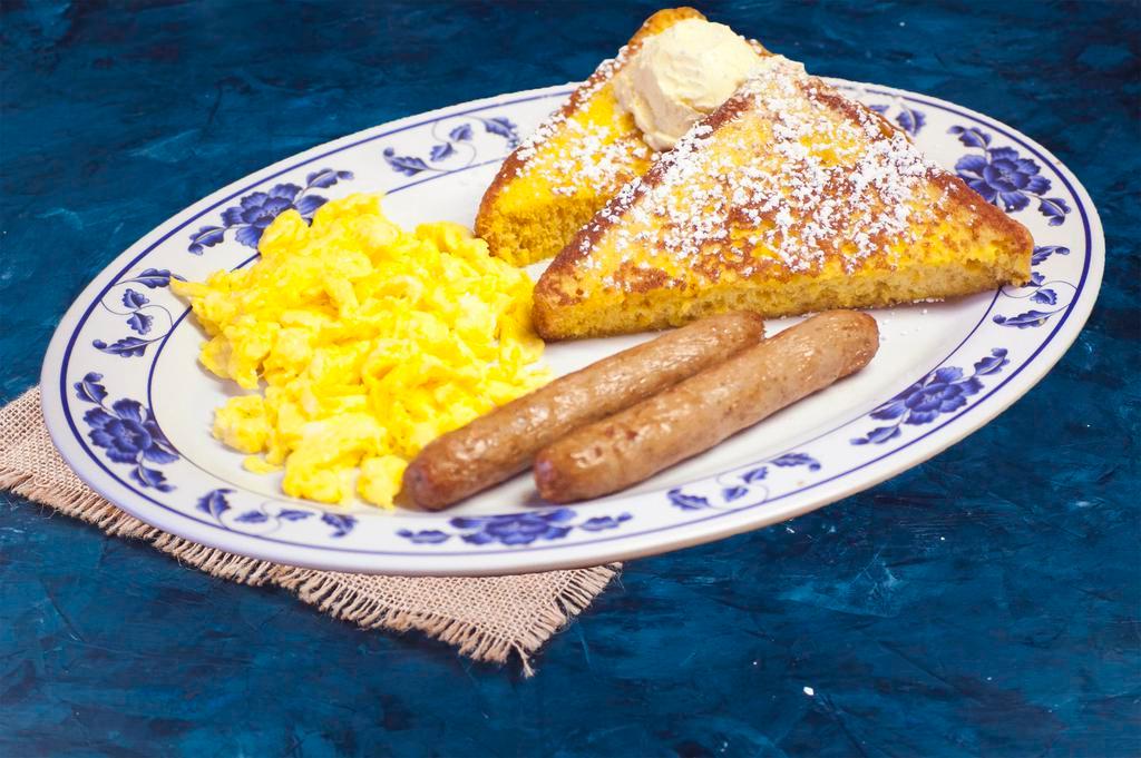 1 French Toast, Breakfast Meat and 2 Eggs Kid's Breakfast · 2 pieces of your choice of meat.