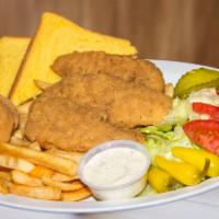 3 Chicken Strips Dinner · 3 Pieces of Chicken Tender Includes fries,  salad, two pieces of Onion Rings, Dinner Roll,an...