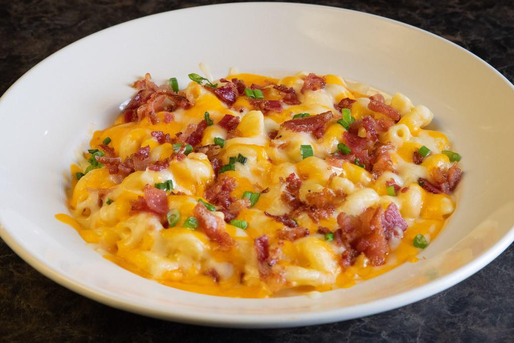 Full Bacon Mac & Cheese · Our larger portion of tender pasta mixed with our creamy blend of cheeses. Topped with bacon and scallions.