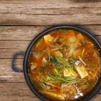 Frozen-Pollack Hot Pot · [동태전골] Spicy  frozen-pollack soup.  (FYI-In Korean cuisine, fish is prepped half-dried, drie...