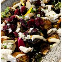 Crispy Brussel Sprouts Plate · Gluten-free. Bacon, cherries, slivered almonds, goat cheese, vincotto, garlic aioli.