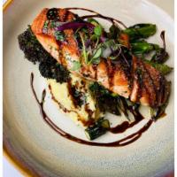 Salmon Plate · Pan seared Scottish salmon, creamy herb polenta, roasted farmers market vegetables, aged bal...