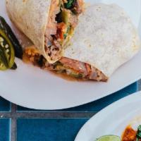 Burrito · Flour Tortilla filled with Refried Pinto Beans, Rice, 1 or 2 Fillings, Onions, Cilantro, Cho...
