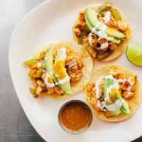 Shrimp Tacos · 3 soft shell tacos filled with shrimp fajita (grilled bell pepper & onion with garlic hint o...
