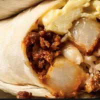 Breakfast Burrito · 10 inches flour tortilla, scrambled eggs, potatoes and your choice of meat.

