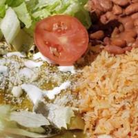 3 Enchilada Plate · Choose either green or red sauce with a side of lettuce, pico, rice, beans and your choice o...