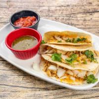 Mexican Street Style Taco(3) · 3 Pack. Your choice of steak, chicken or chorizo served with Cilantro, Onions, Shredded Chee...