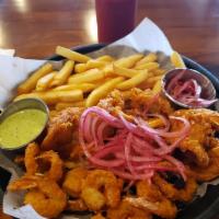 Shrimp Basket · Shrimp, fries, cilantro sauce.
