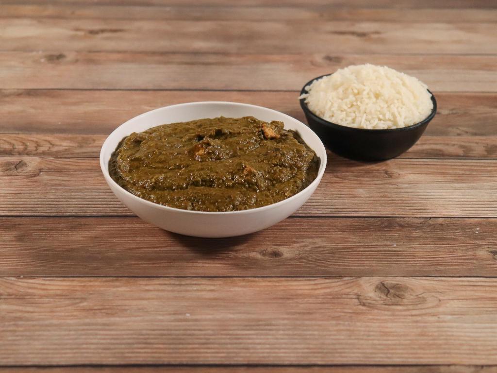 Palak Paneer · Garden fresh spinach and chunks of homemade cheese in a flavorful curry sauce.