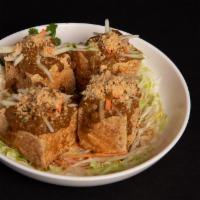A8. Satay Tofu · Crispy fried tofu stuffed w. cucumber & bean sprouts,seved w.peanut sause. （Most popular item）