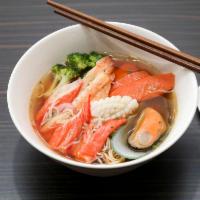 Seafood noodles · Soup noodles with mussels, crab sticks, shrimp, squid, scallion.