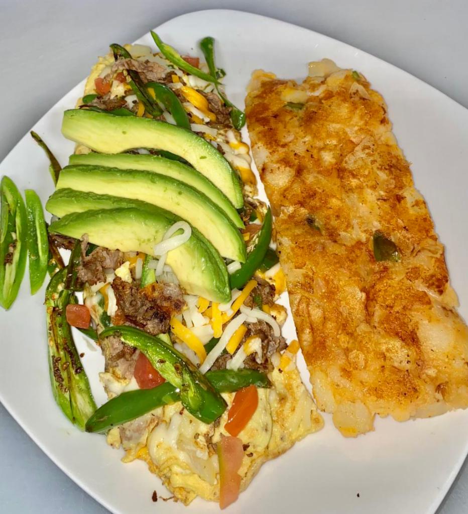  Poblano Steak  * Omelette * · Steak,Peppers, Onions, Tomatoes Roasted Serrano Peppers, Avocado,  Shredded Cheese, Home fries & Toast.

