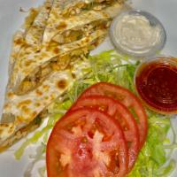 Chicken Quesadilla · French mozzarella, cheddar cheese, pepper, onion, lettuce, tomato & white sauce.