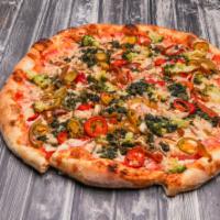 1. Bombay Pizza · Broccoli, spinach, mushroom, green peppers, onions, hot peppers, cheese & sauce.