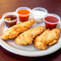 3 Chicken Tenders · Dipping choice of BBQ, Buffalo, Honey Mustard, Ranch, Cheese, Marinara available upon request.