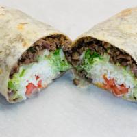 Burrito · Giant flour tortilla includes: (Your choice of meat) lettuce, tomate, cheese, and sour cream