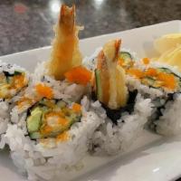 Ebi Tempura Roll (6 Pcs) · Two pieces of shrimp tempura, avocado, cucumber, and masago.