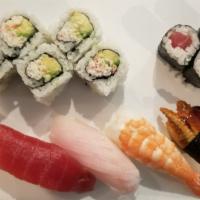 Sushi Special · Four pieces of assorted nigiri, six pieces of California roll and six pieces of tekka maki. ...