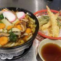Tempura Udon · Udon noodles and vegetables with a side of shrimp and vegetable tempura.