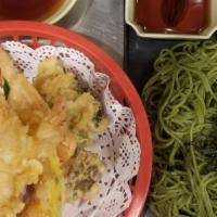 Ten Zaru Soba · Green tea soba noodles served cold with a side of shrimp and vegetable tempura.