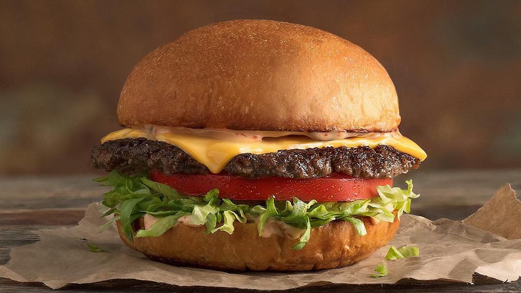 Mooyah Cheeseburger · Quarter pound of fresh, never-frozen Certified Angus Beef®, American Cheese, Lettuce, Tomato, MOOYAH Sauce, Potato Bun