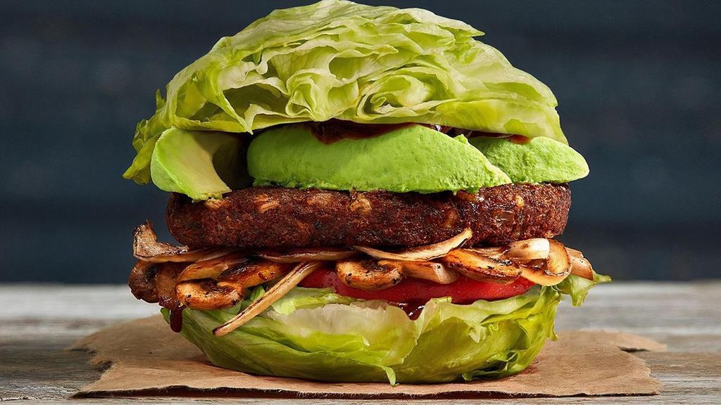 The Vegan · Black Bean Vegan Iceburger, Fresh Avocado, Sautéed Mushrooms, Grilled Onions, Lettuce, Tomato, BBQ Sauce