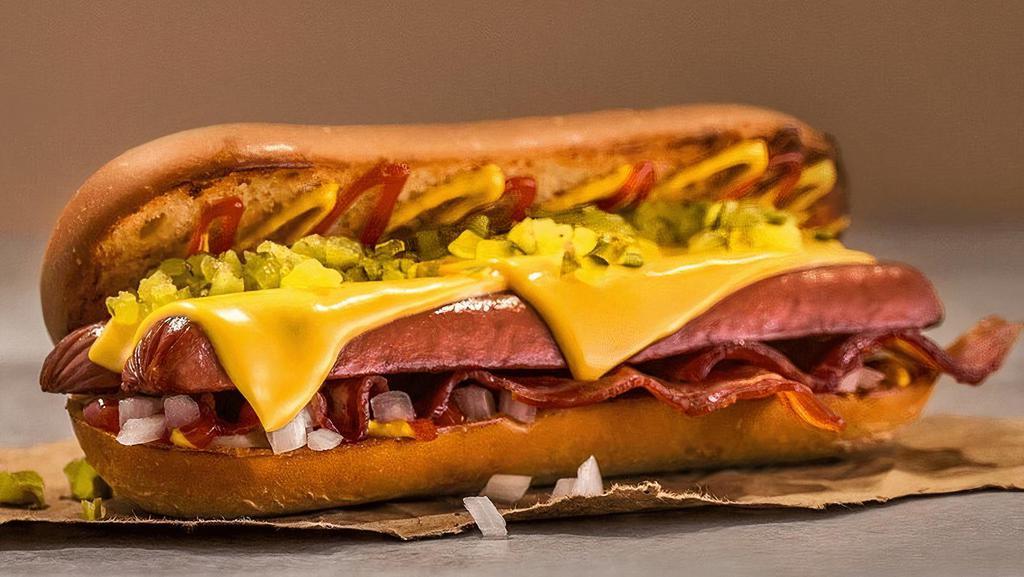 The Full Count · All-Beef Hot Dog, Bacon, American Cheese, Diced Onions, Relish, Heinz® Ketchup, Mustard