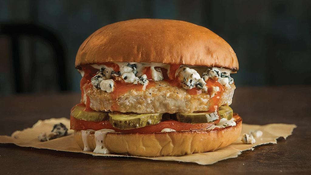 The Wing It On · All Natural Lean Turkey, Buffalo, Ranch, Crumbled Blue Cheese, Pickles, Tomato, Potato Bun